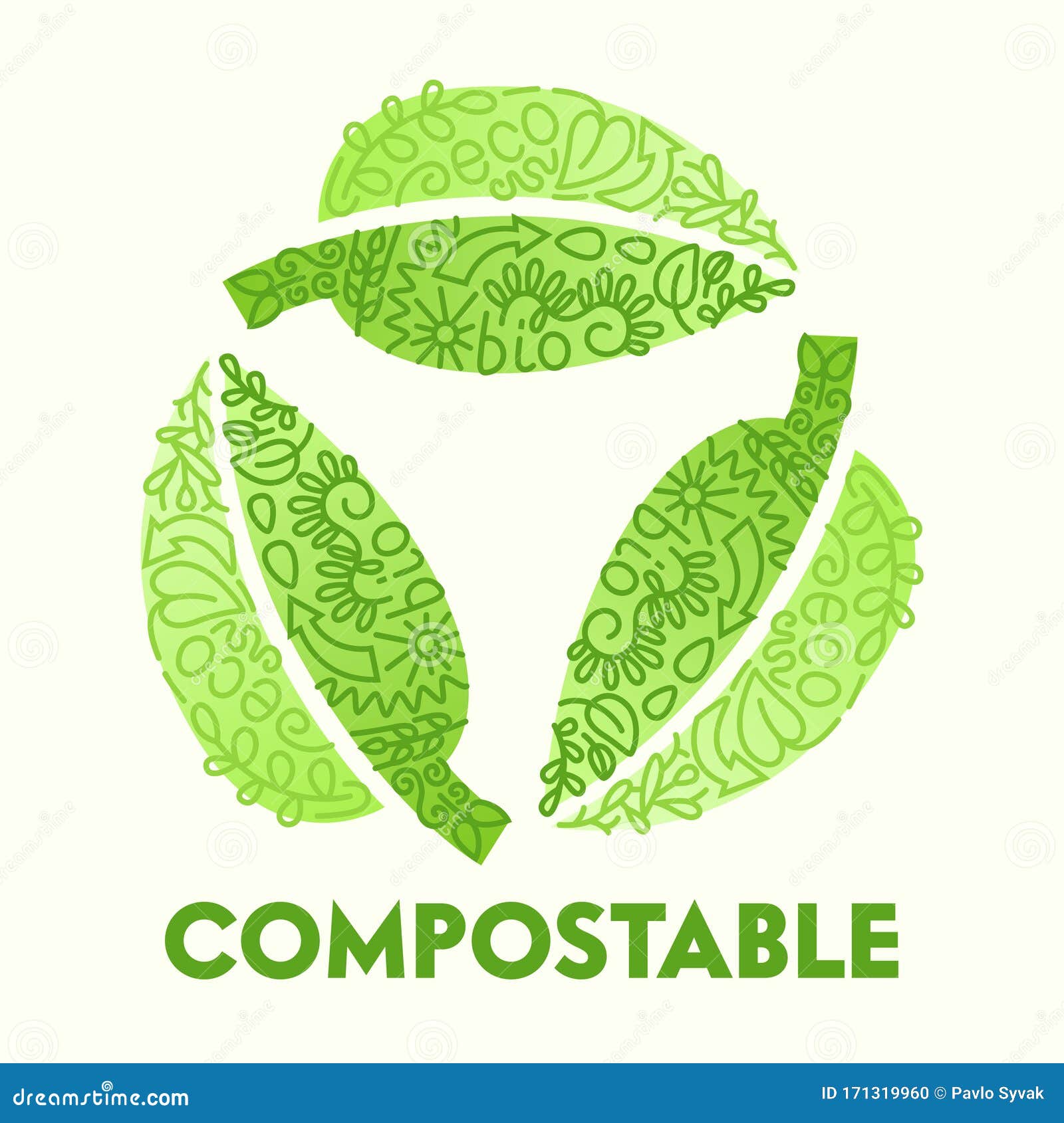 biodegradable compostable recyclable plastic package icon in  of circulate green leaves with doodle drawing bio