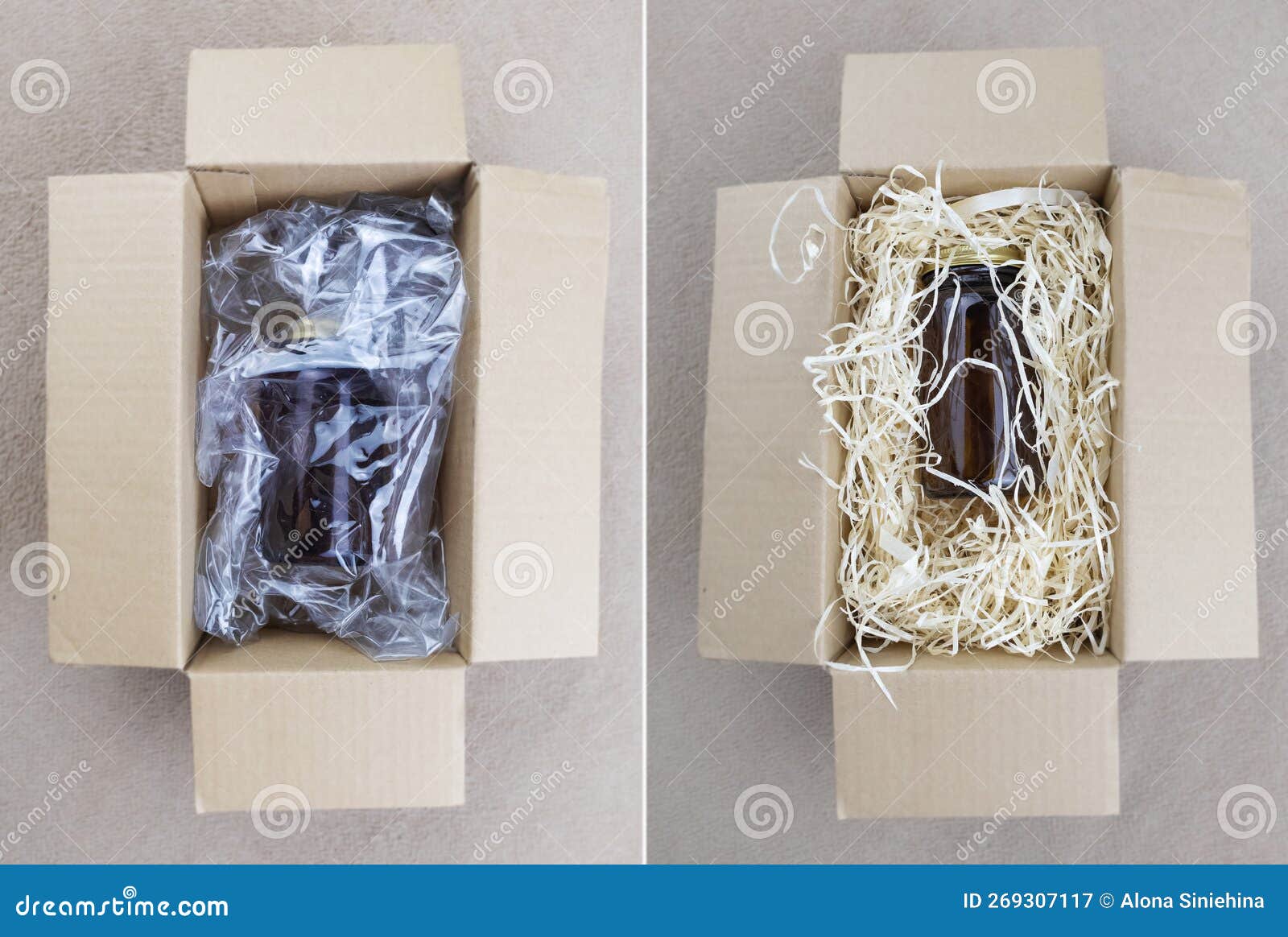 before and after. biodegradable filler in parcel packaging vs plastic filler. box with a filler that does not harm the environment