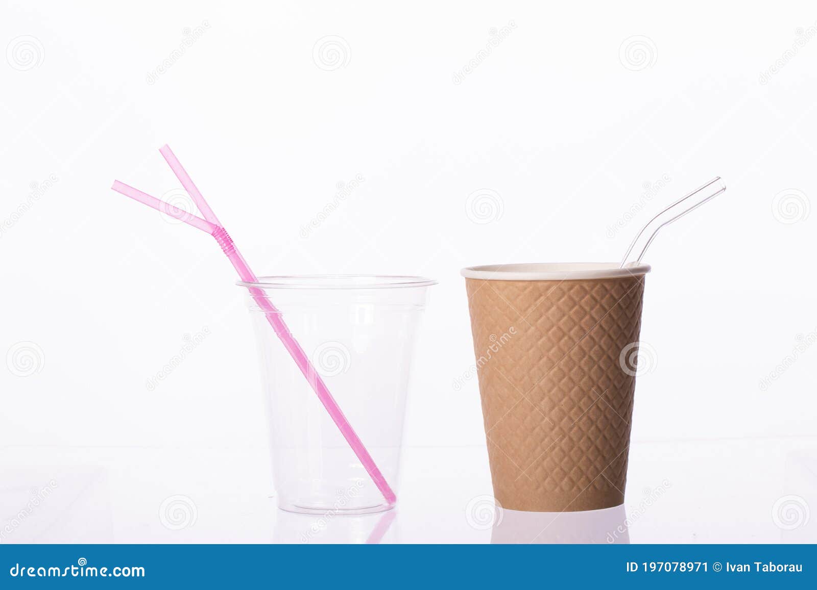 Biodegradable Paper Cup with Glass Reusable Straw Versus Plastic Cup