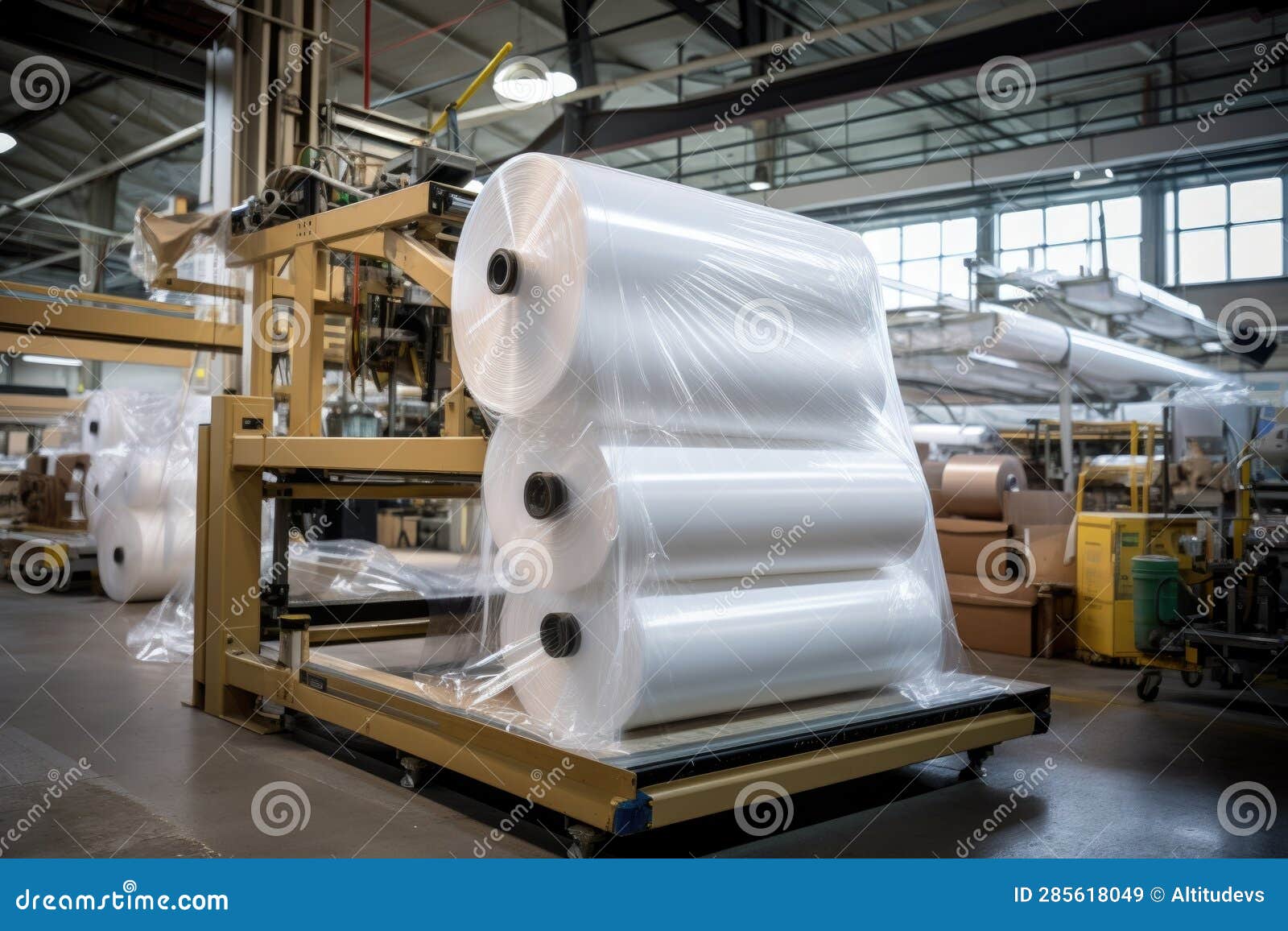 Biodegradable Plastic Film Rolls in a Factory Setting Stock