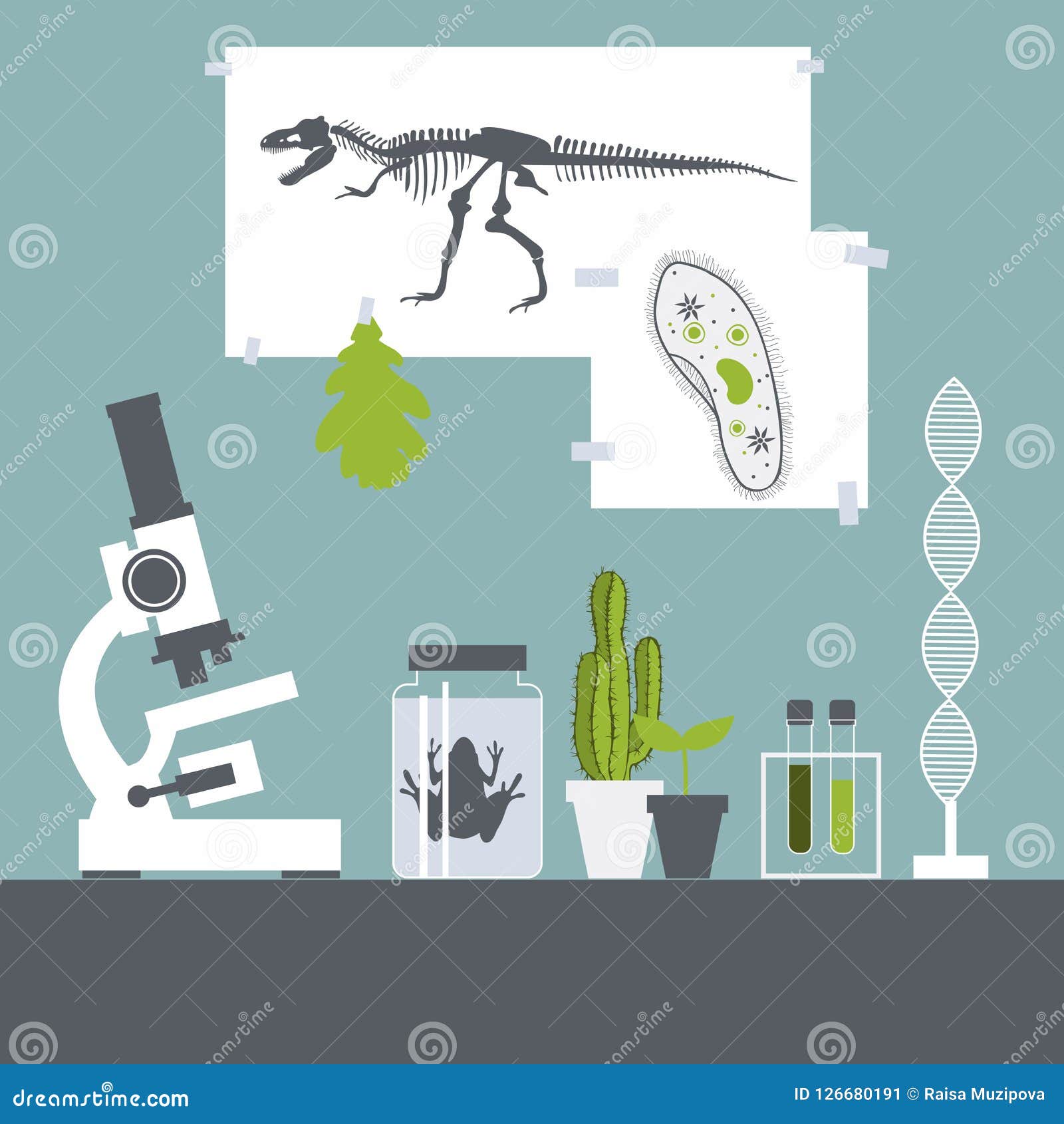 biology class. frog, plants, microscope. .