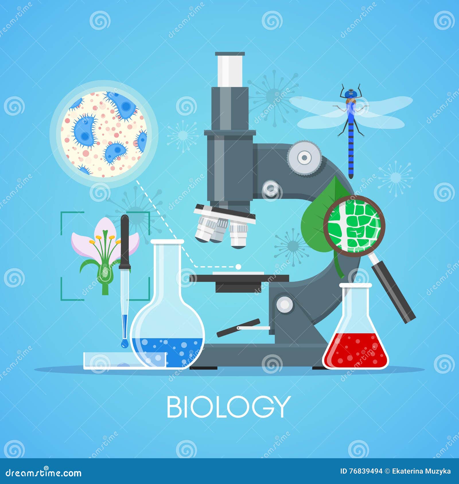 biology science education concept  poster in flat style . school laboratory equipment