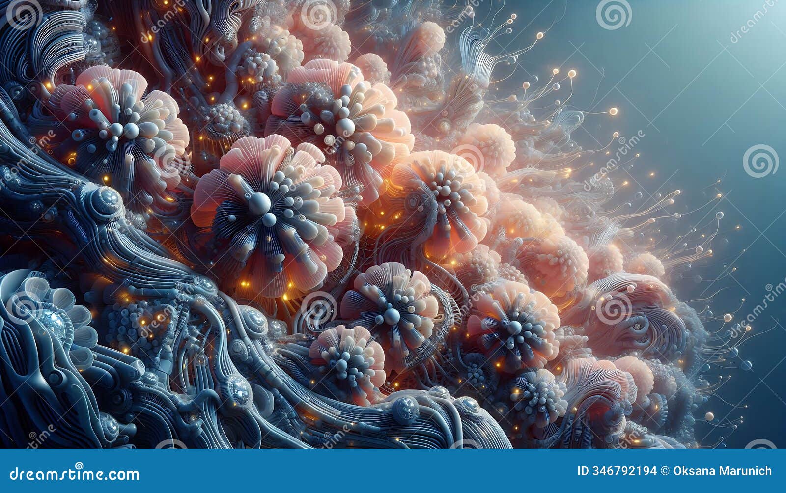 biomechanical coral reef glowing softly, merging organic forms with synthetic materials