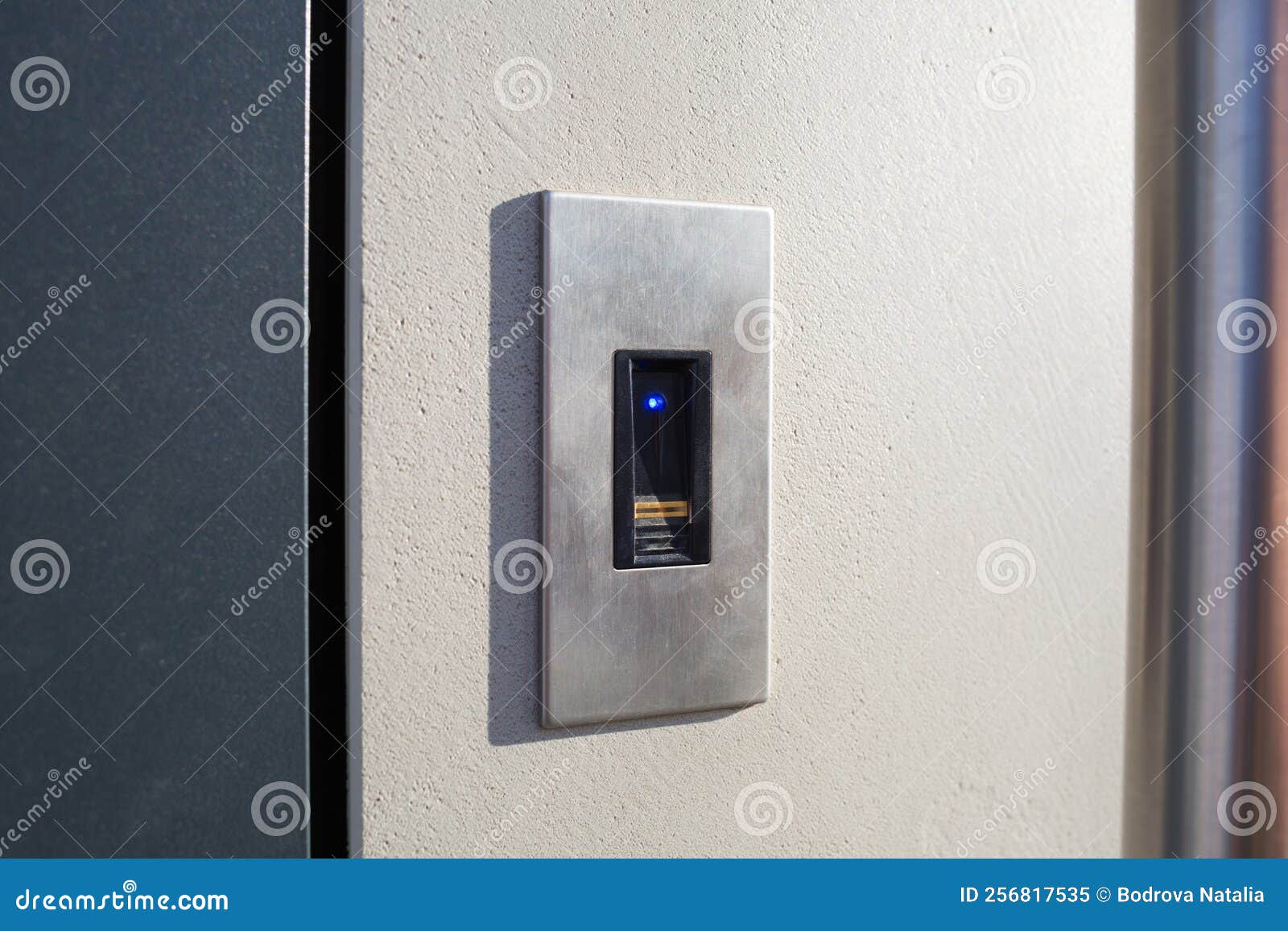 Biometric Lock. Opening Front Door of House by Fingerprint Stock Image