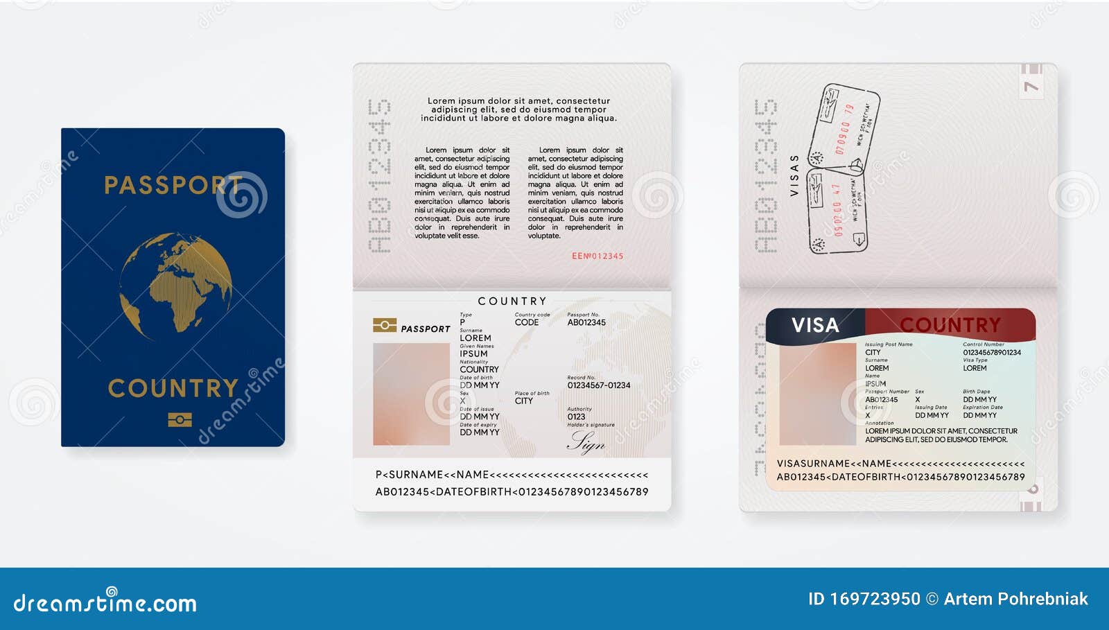 biometric passport template. travel id card mockup with tourist visa. international pass. departure and arrival airport stamp in