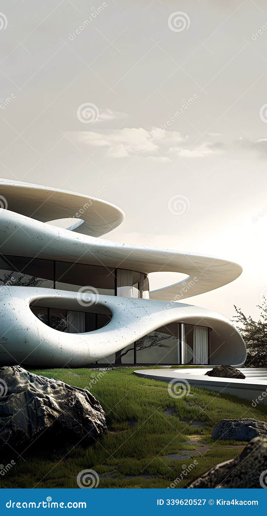 biomimetic architecture. a building  inspired by the snail shell, with smooth curves and a clean, white exterior