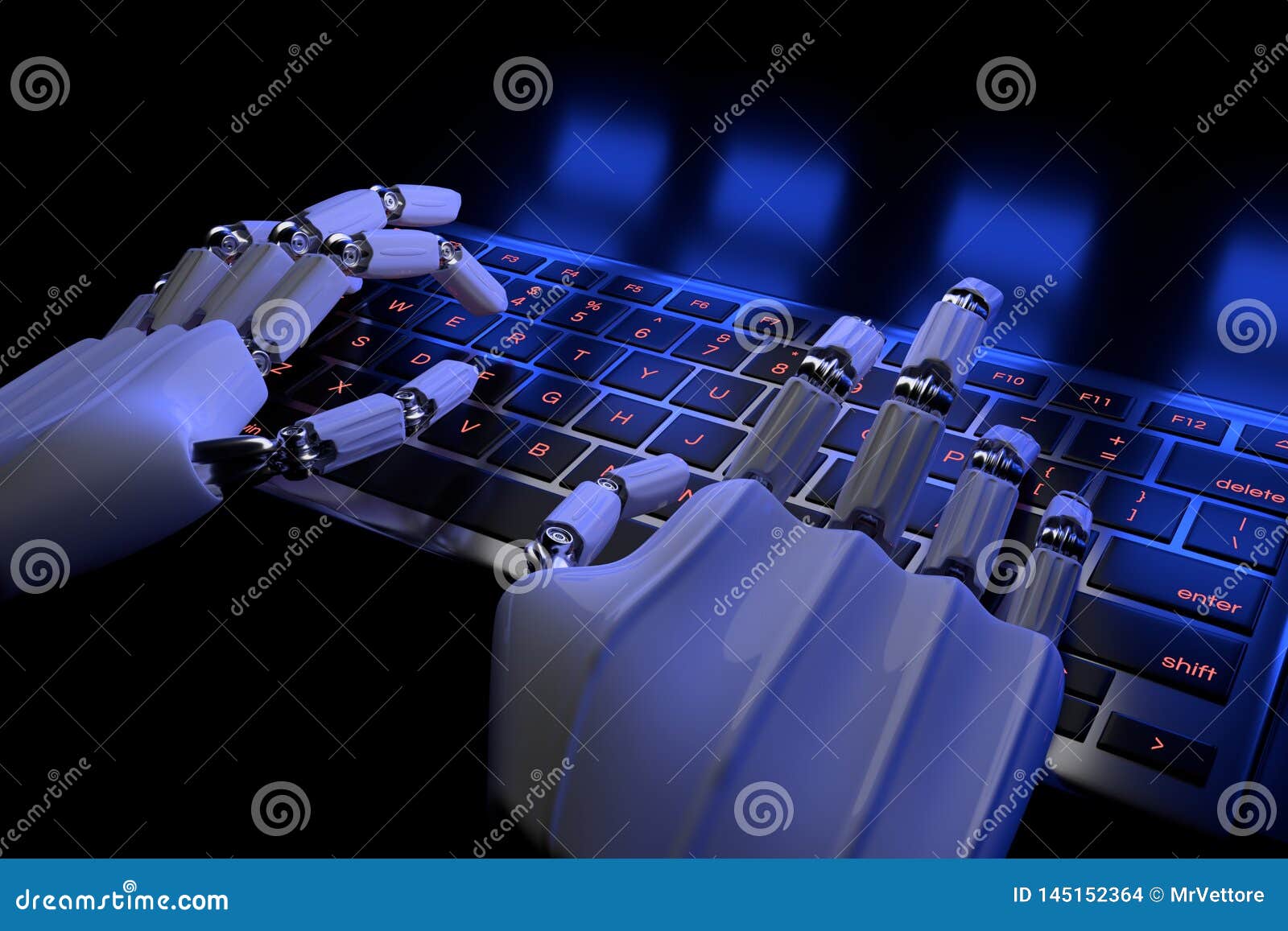 bionic hands typing on keypad, keyboard. robotic arm cyborg using computer. 3d render . bionics technology concept