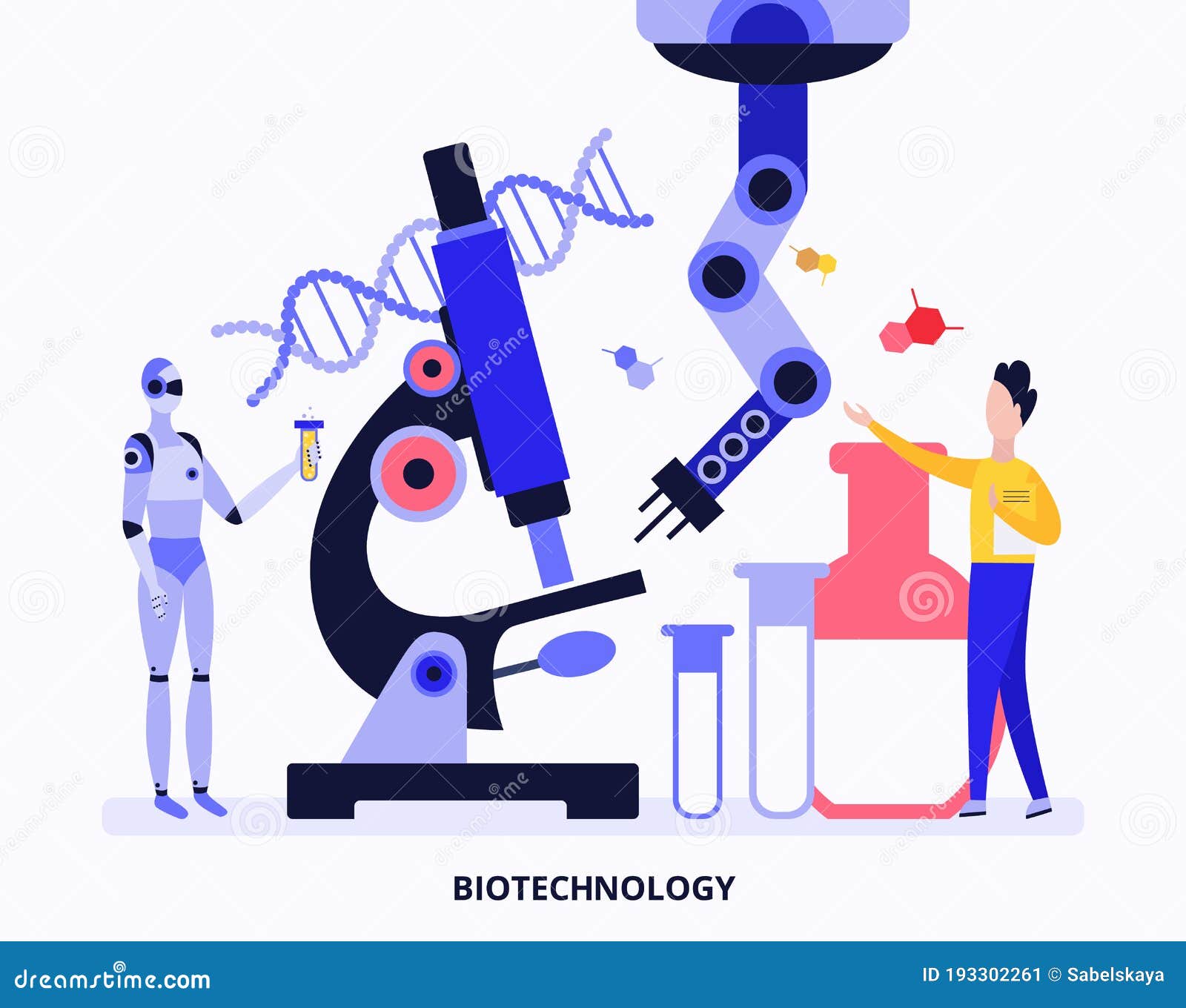 Biotechnology Lab Banner with Cartoon Robot and Scientist Stock Vector