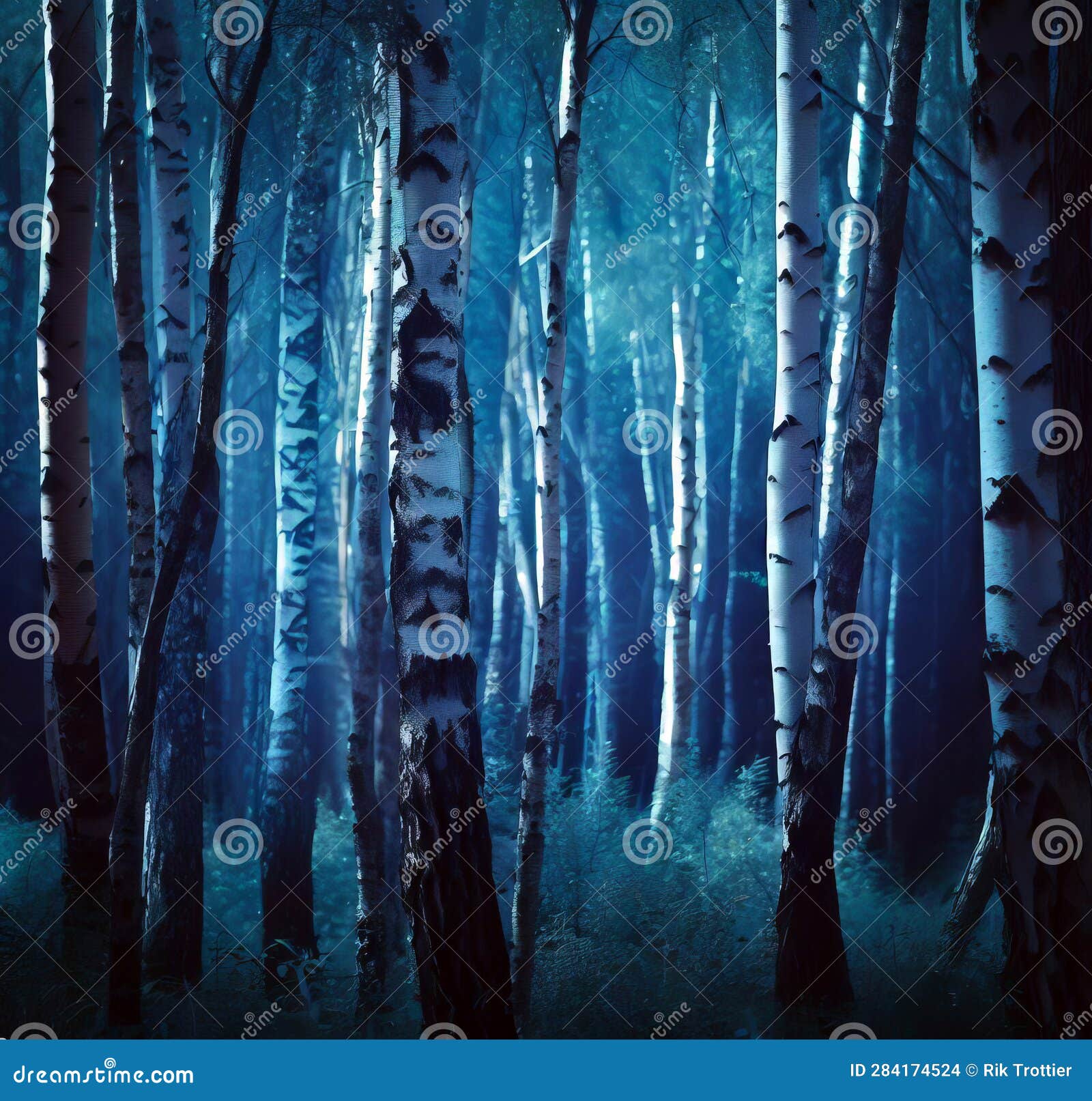 Birch Trees at Night in the Rain Stock Illustration Illustration of