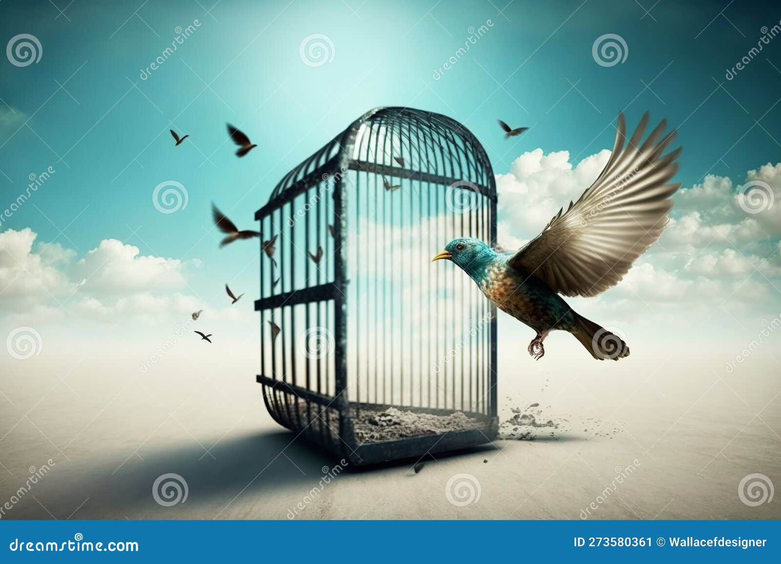 Bird Escaping from the Cage. Image of Freedom. Generative AI. Stock