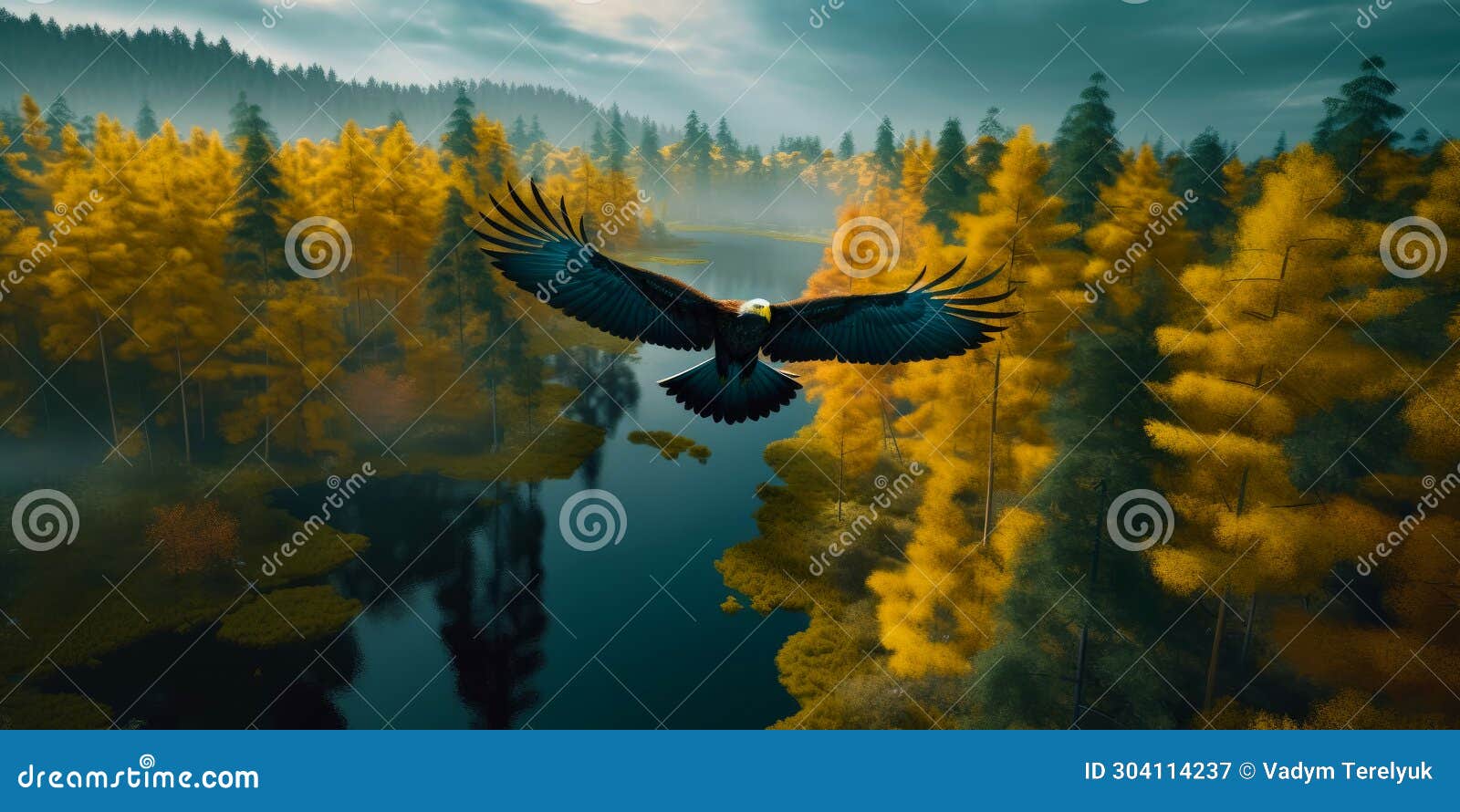 bird flying over nature forest and river. wildlife flight landscapes mountains. generative ai