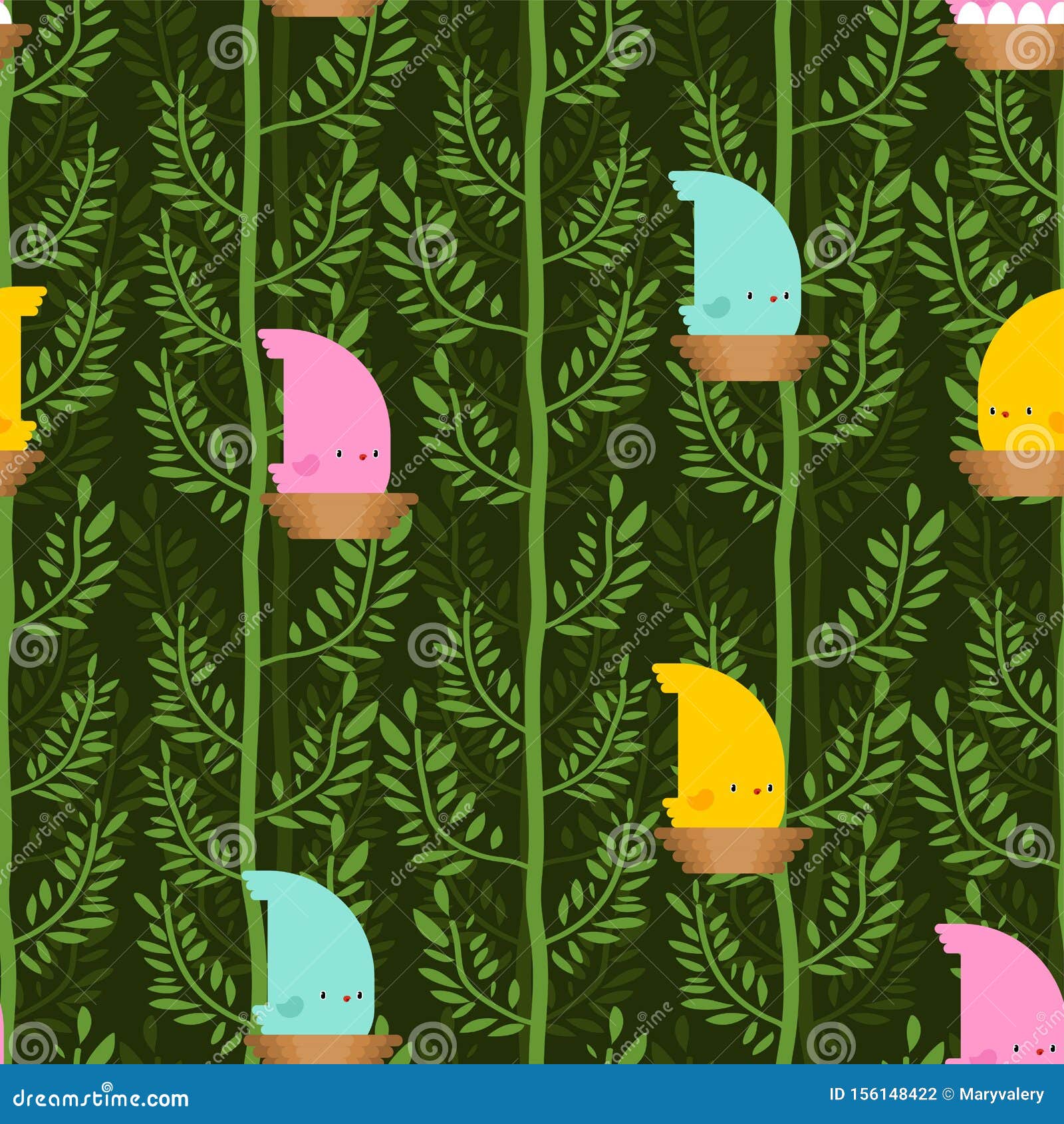 bird in forest pattern cartoon. birdie on tree background. baby cloth texture.  ornament