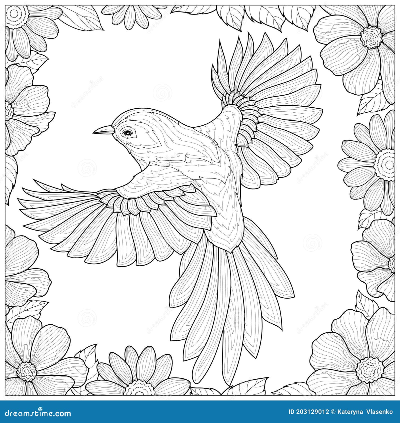 Bird in a Frame with Flowers.Coloring Book Antistress for Children ...