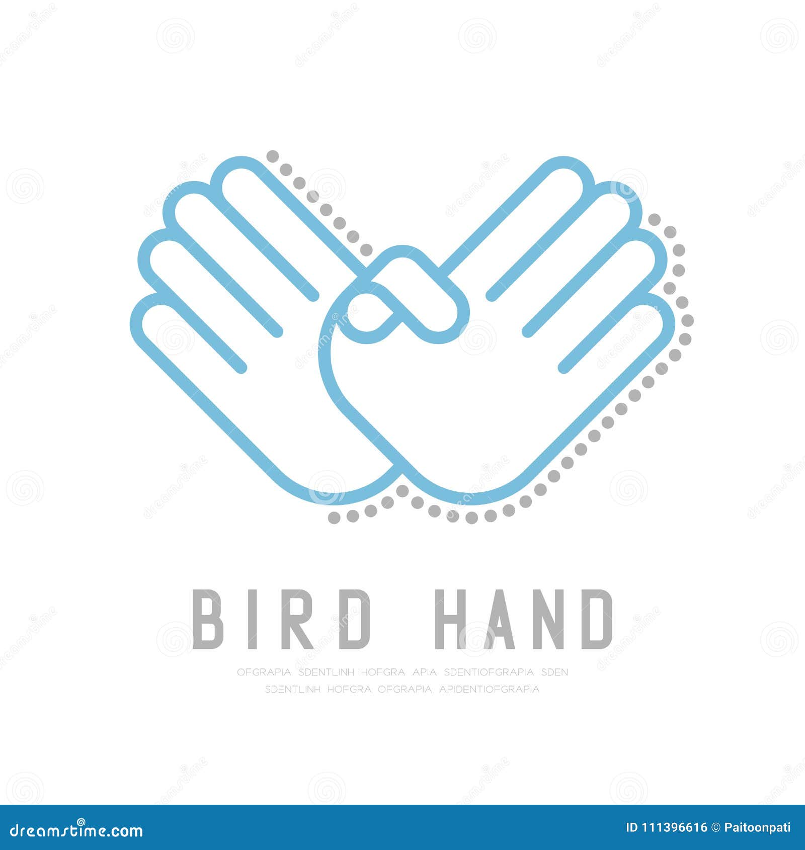 bird hand finger with dot shadow icon, sign language concept outline stroke flat  blue and grey color 