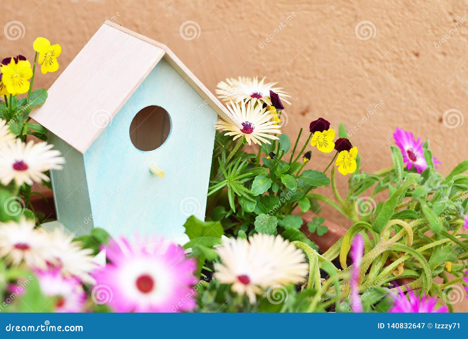 Bird House and Spring Flowers Stock Image Image of colorful, wooden