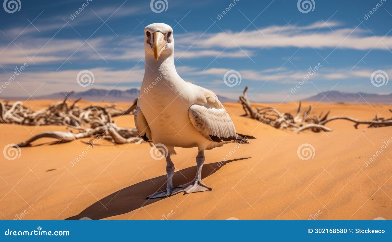 quirky bird in pop culture style standing in desert sand