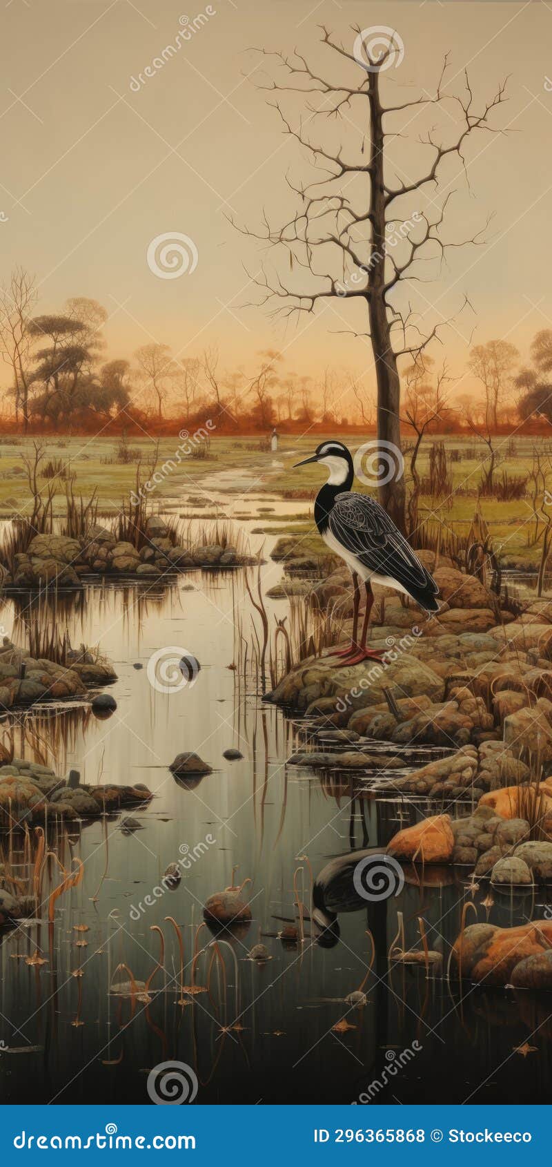 bird by the pond: a detailed wildlife painting in the style of mark brooks and jim burns