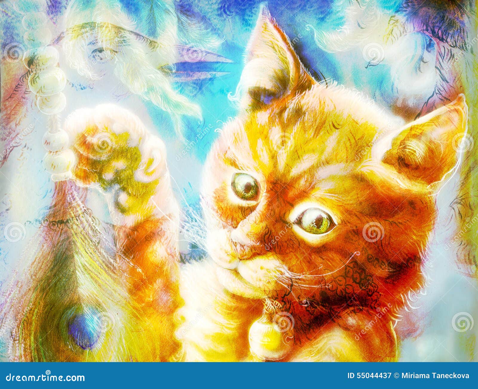 Bird And Radiant Orange Cat Head Playing With A Peacock Bird And Radiant Orange Cat Head Playing With A Peacock