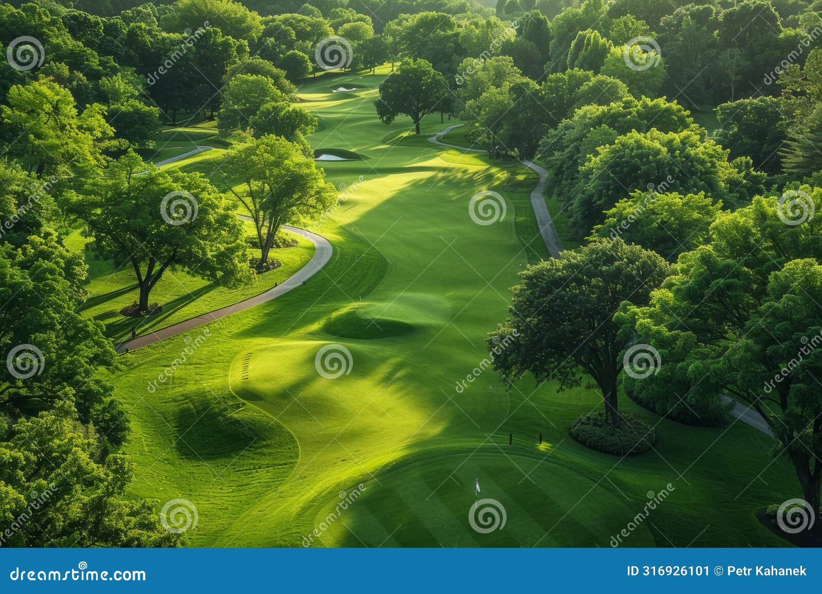 bird's-eye view of an extensive golf course featuring multiple shades of green and perfect landscaping. ai generated
