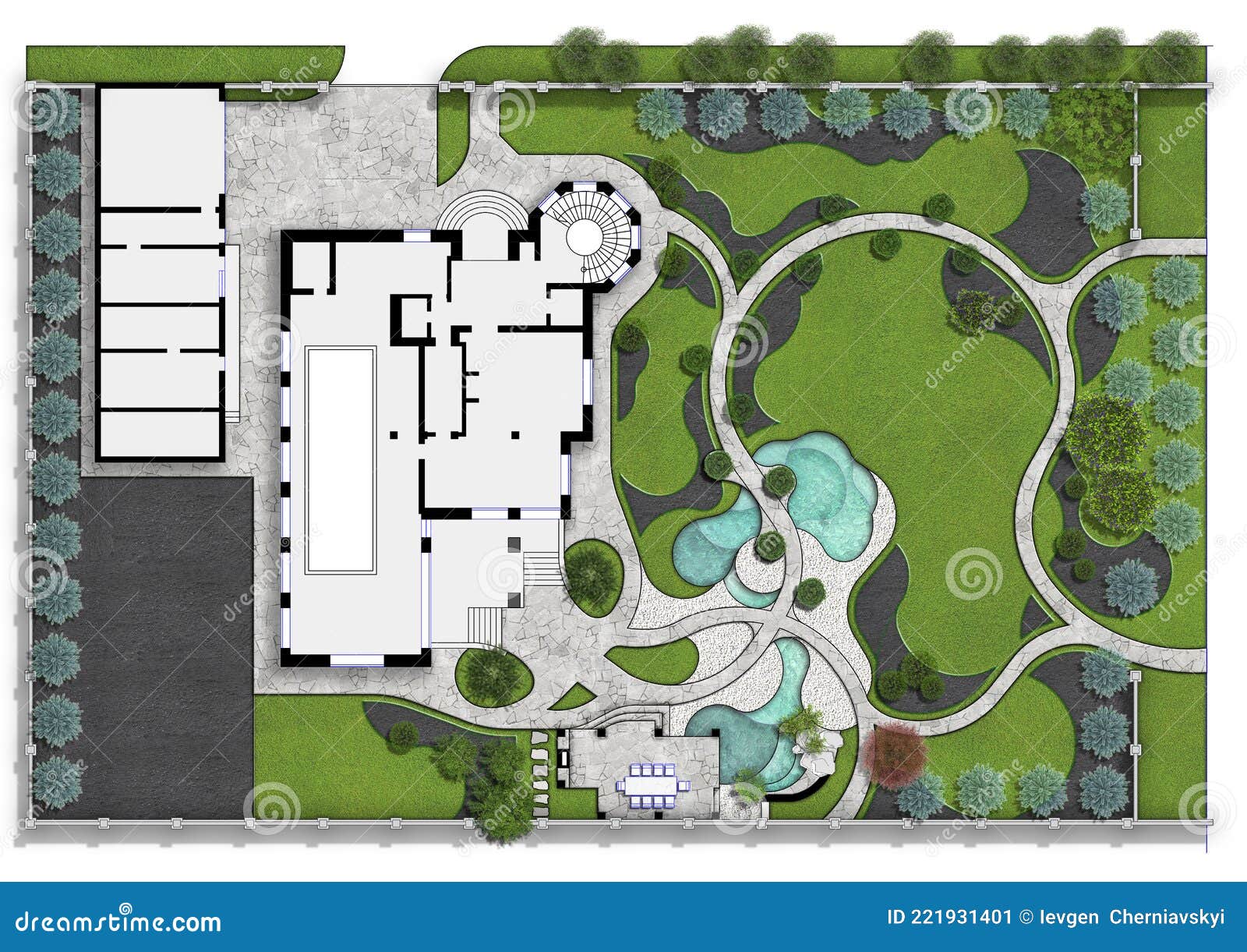 Complete Garden Landscaping Isolated Over White Background, 3d