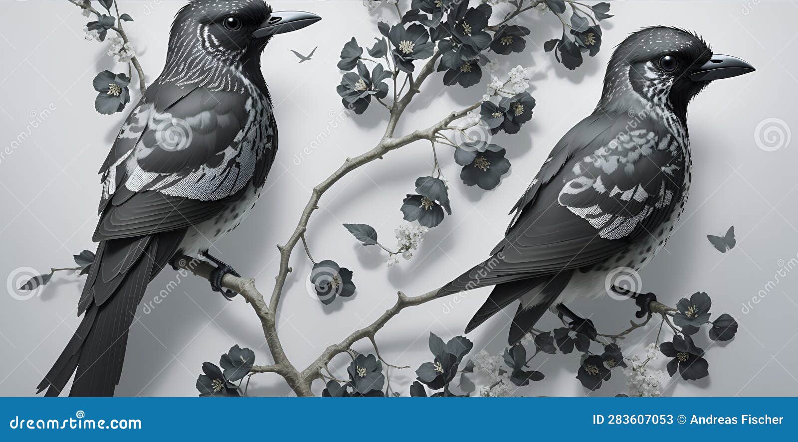 A Bird Sitting on a Flowering Branch, on a White Background. Image in