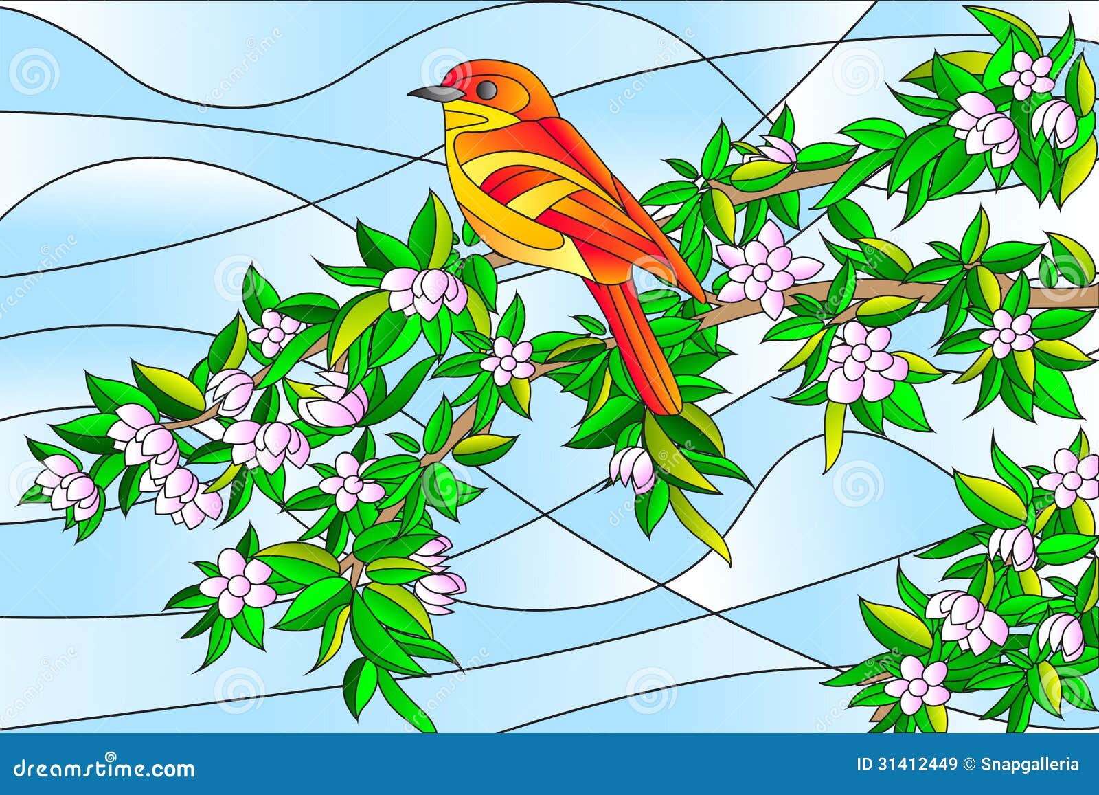 Bird Sitting on Tree Stained Glass Painting Stock Vector ...