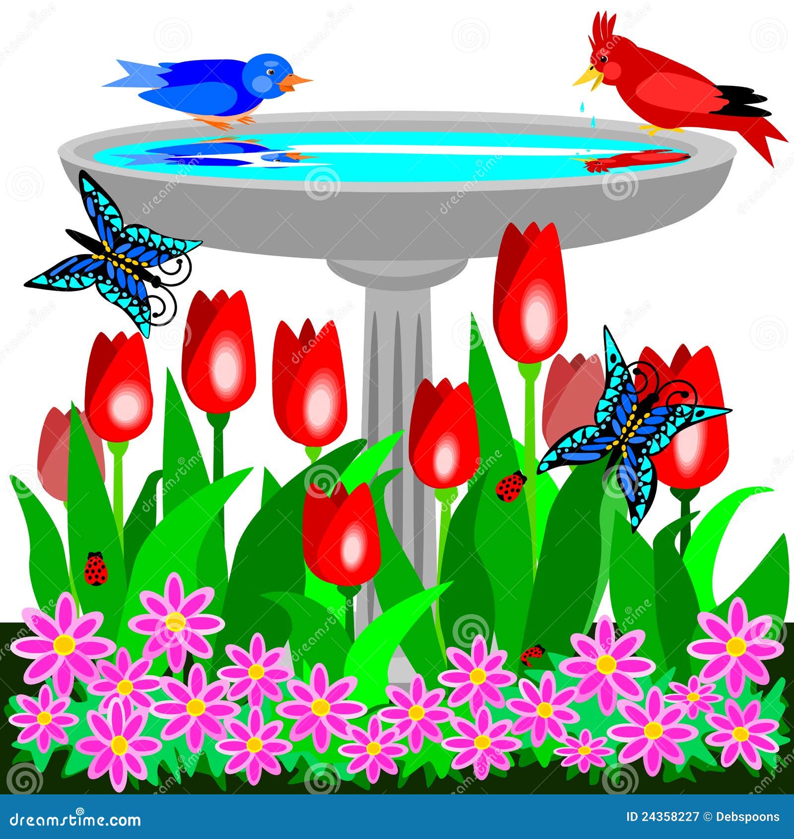 Birdbath τουλίπες. Birdbath αναπτύσσοντας απεικόνιση κήπων ποδιών ζευγών πουλιών η επίσκεψη τουλιπών του