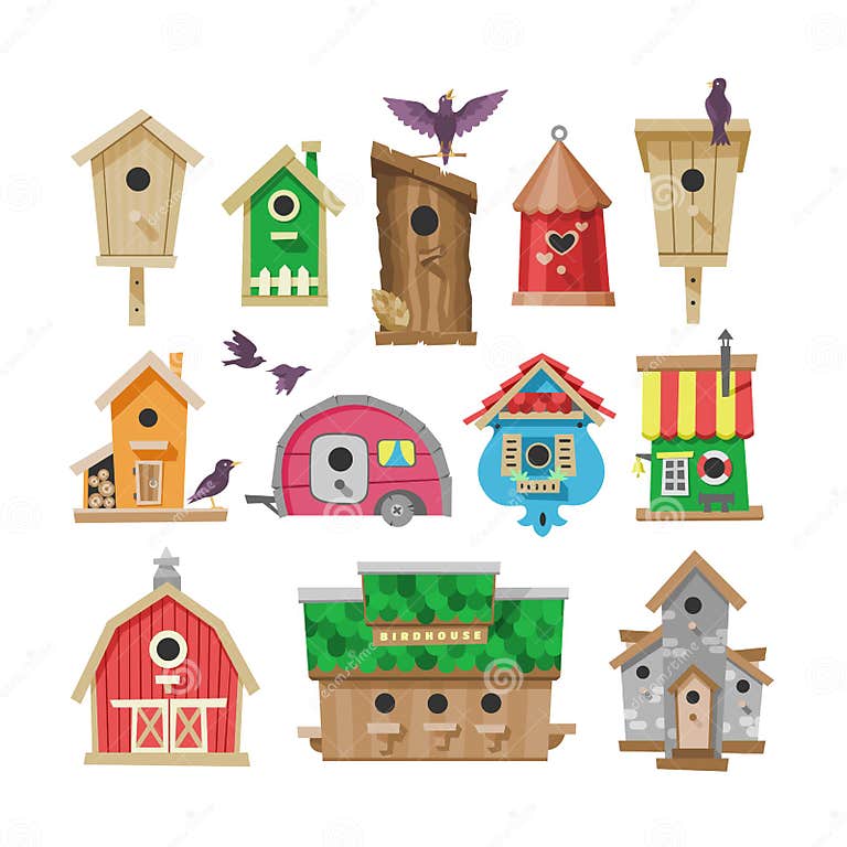 Birdhouse Vector Cartoon Birdbox and Birdie Wooden House Illustration ...