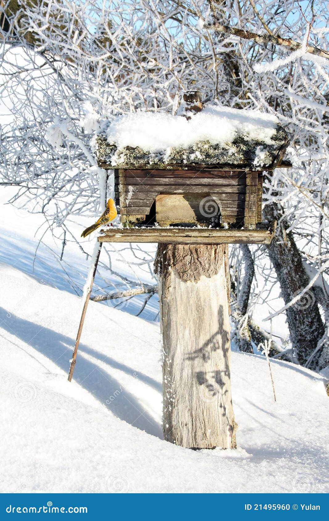 Birdhouse in Winter with a Decoration Bird Stock Photo Image of