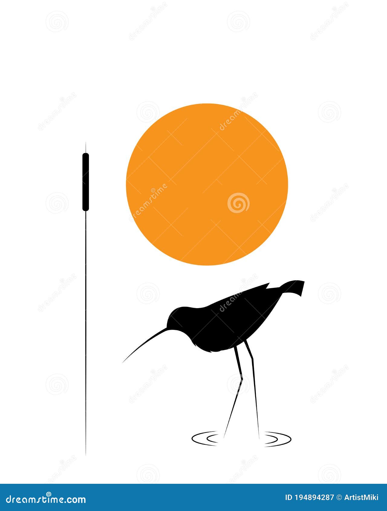 Water Bird Silhouette and Bamboo on Sunset, Vector. Minimalist Art Design. Poster Design