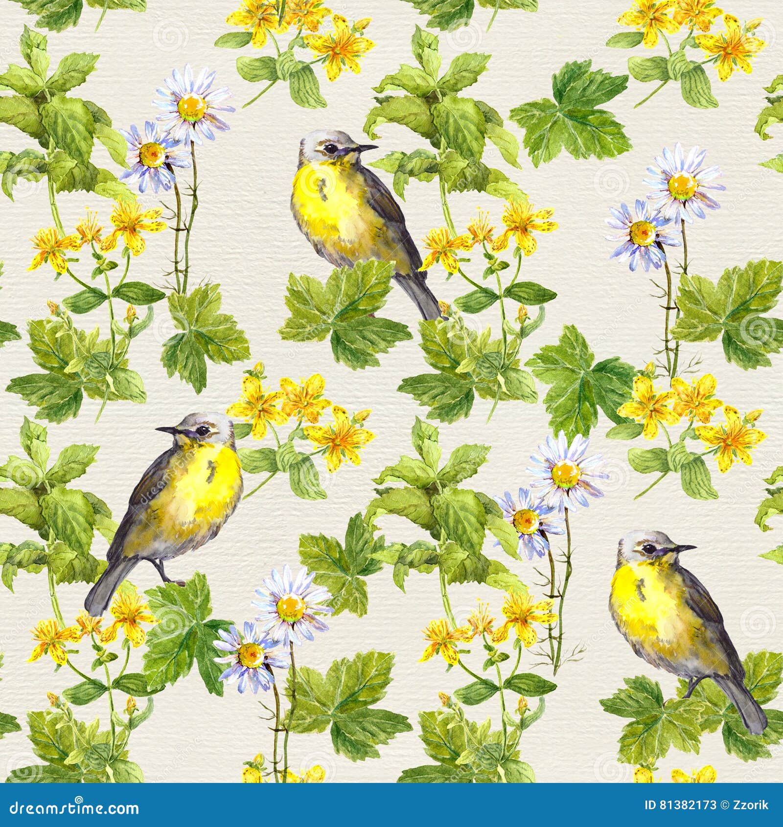birds in floral garden - flowers, herbs. watercolor. repetitive pattern.