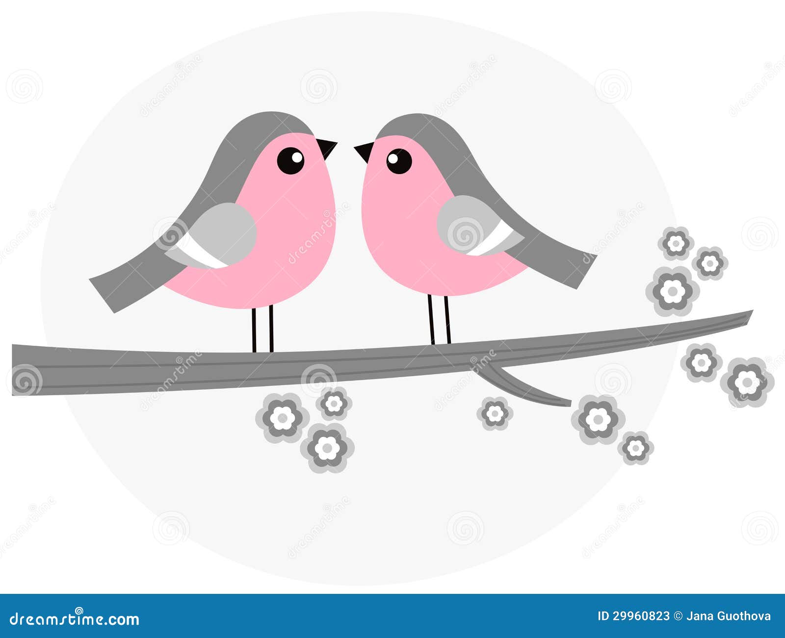 Cute bird couple on blossom branch ( pink and grey. Birds in love. Vector retro Illustration