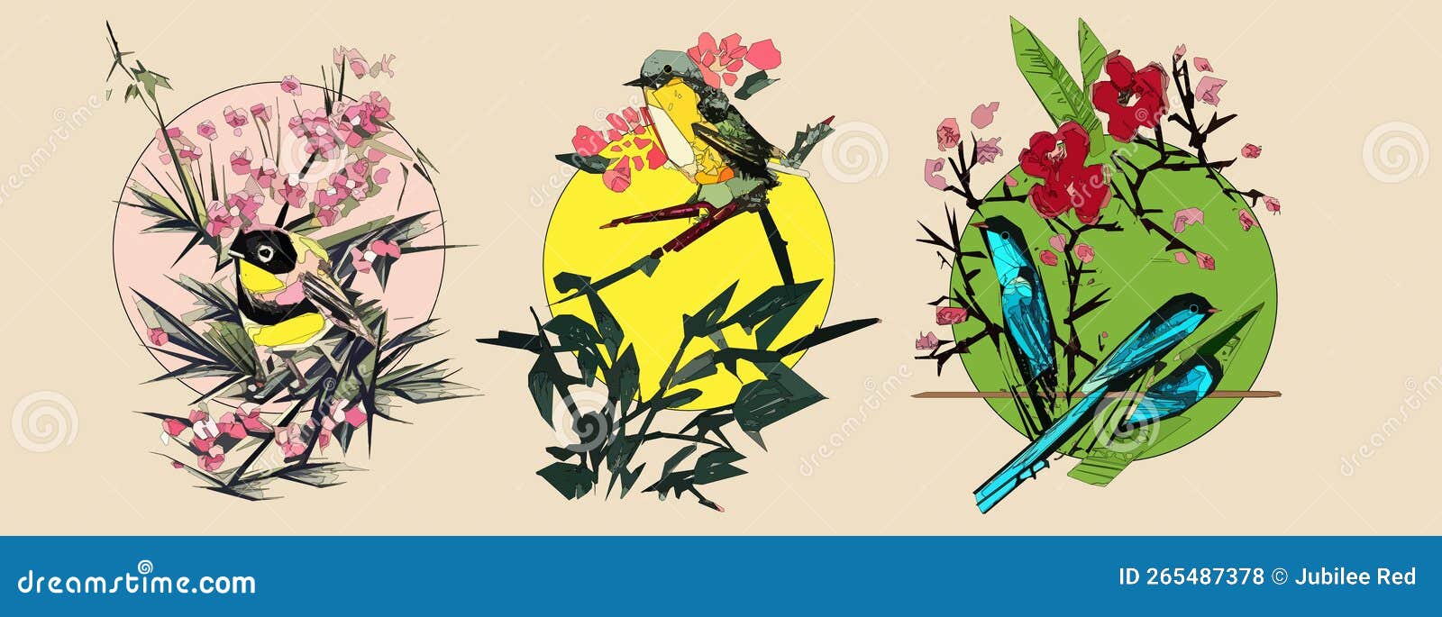 Bird with Leaves, Flowers, Tree Branch and Sun on Light Beige