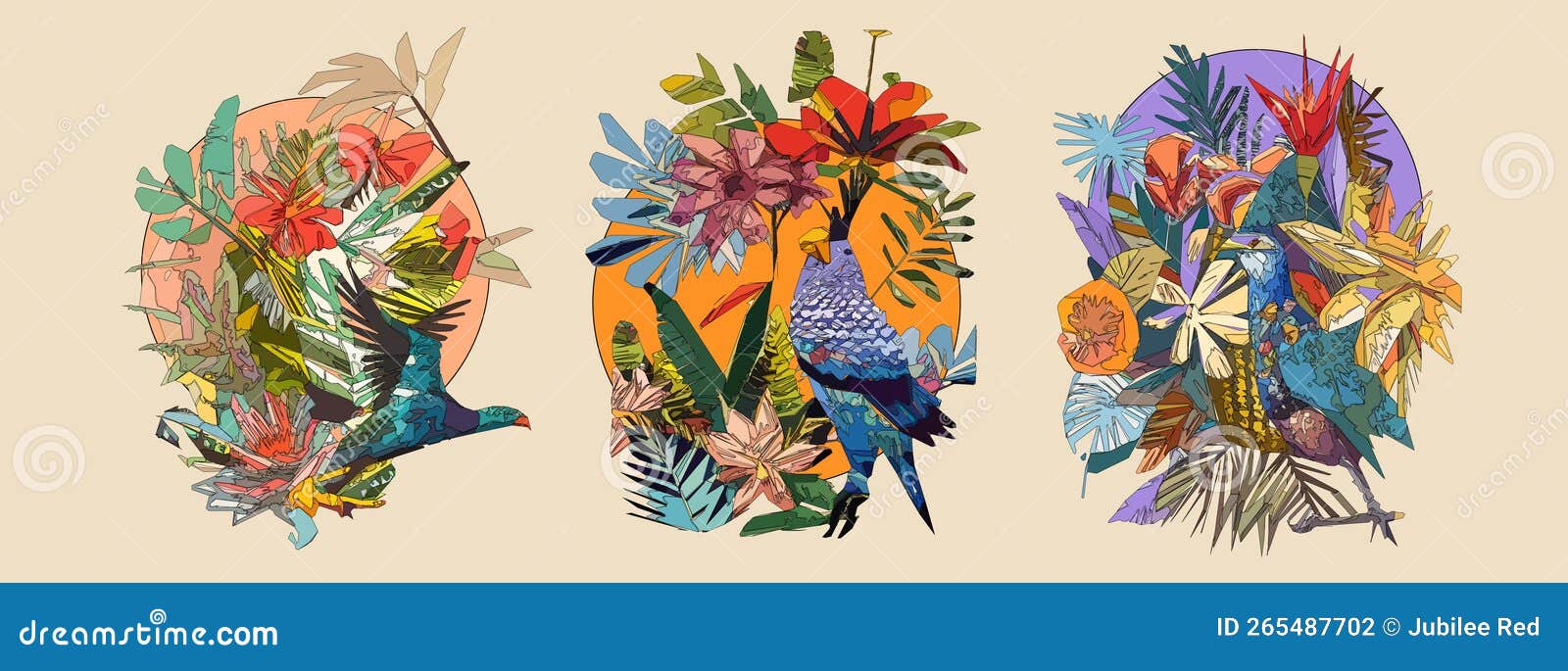 Bird with Leaves, Flowers, Tree Branch and Sun on Light Beige