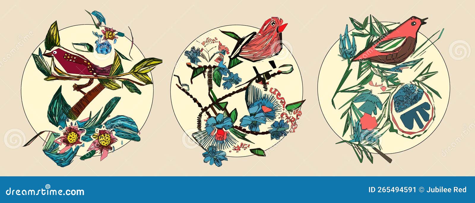 Bird with Leaves, Flowers, Tree Branch and Sun on Light Beige