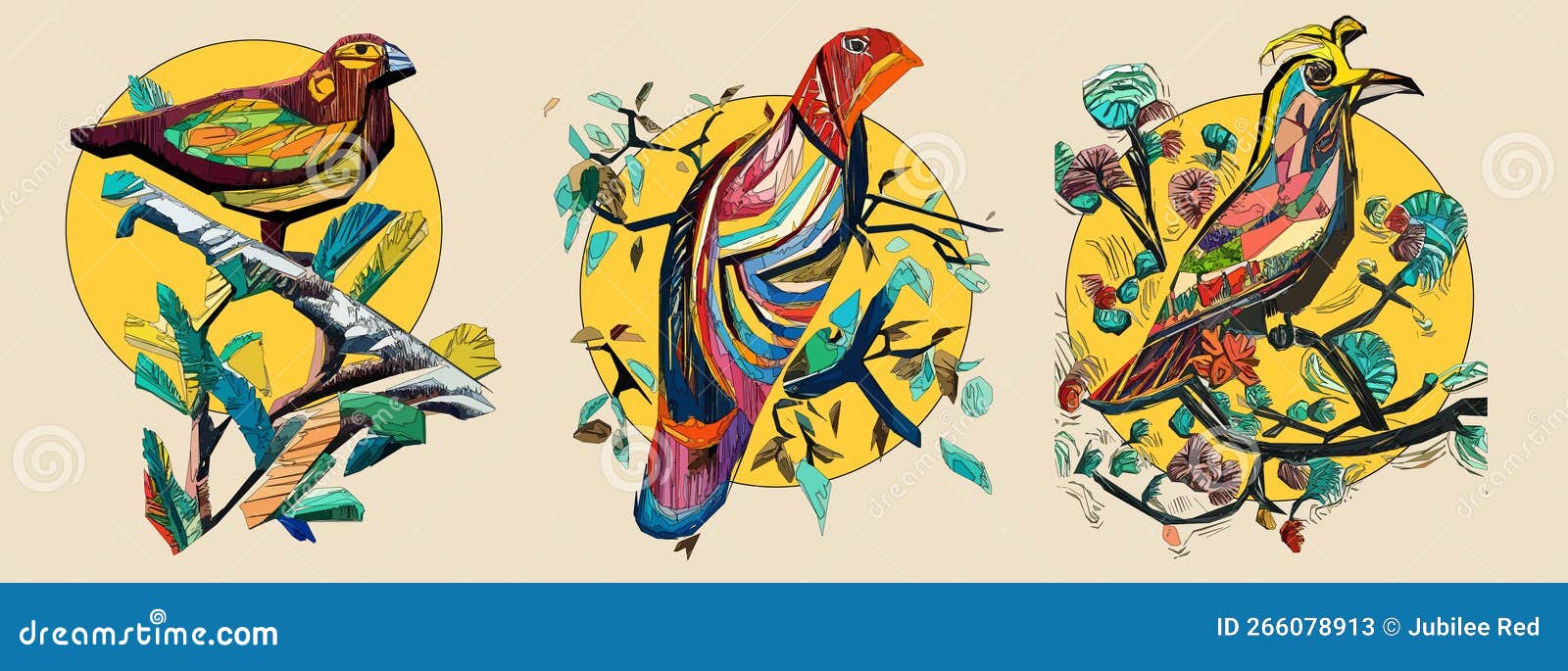 Bird with Leaves, Flowers, Tree Branch and Sun on Light Beige