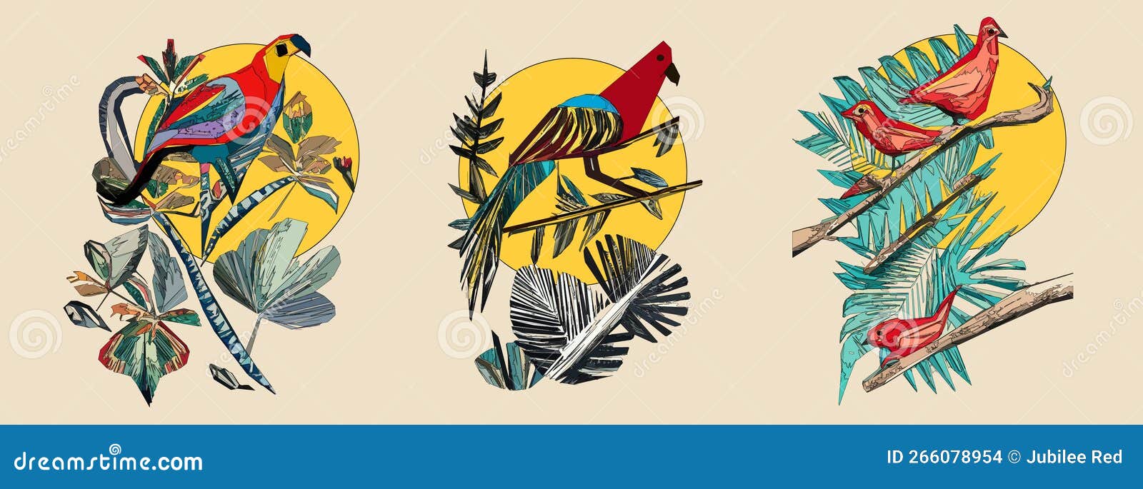 Bird with Leaves, Flowers, Tree Branch and Sun on Light Beige