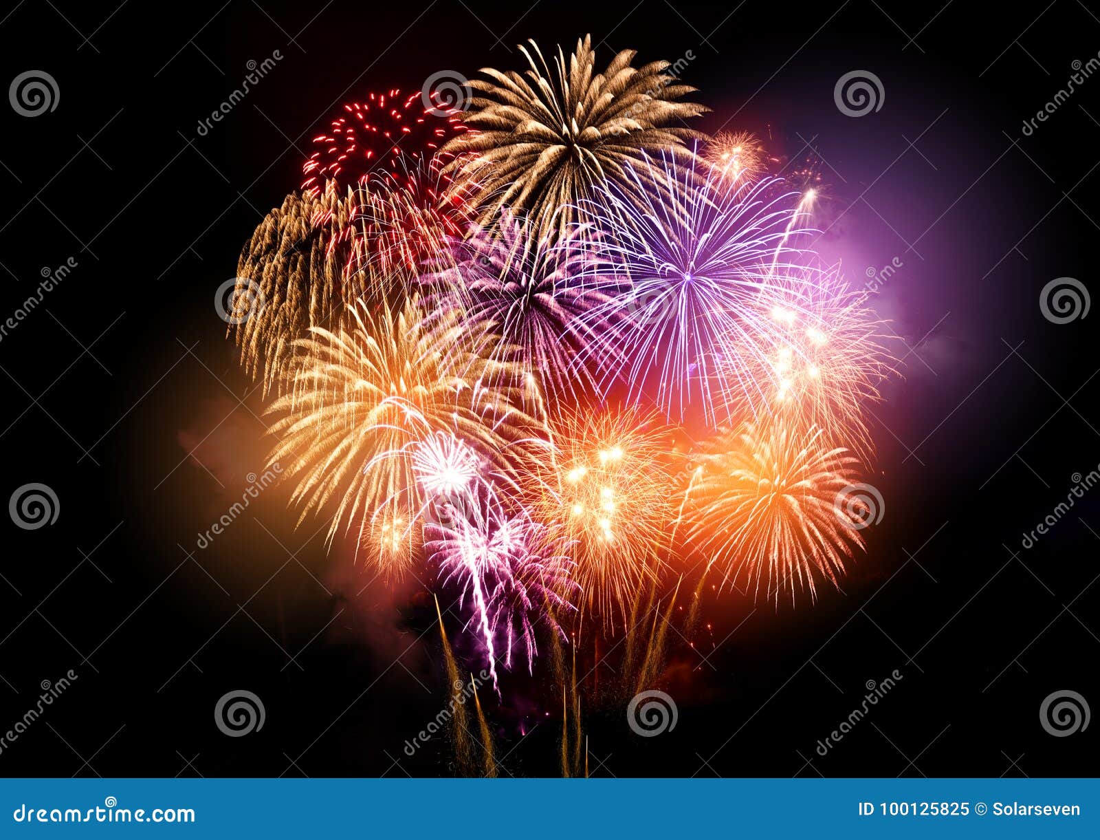 Colourful Fireworks Explosion On Black Background, Pack Of Variety Of