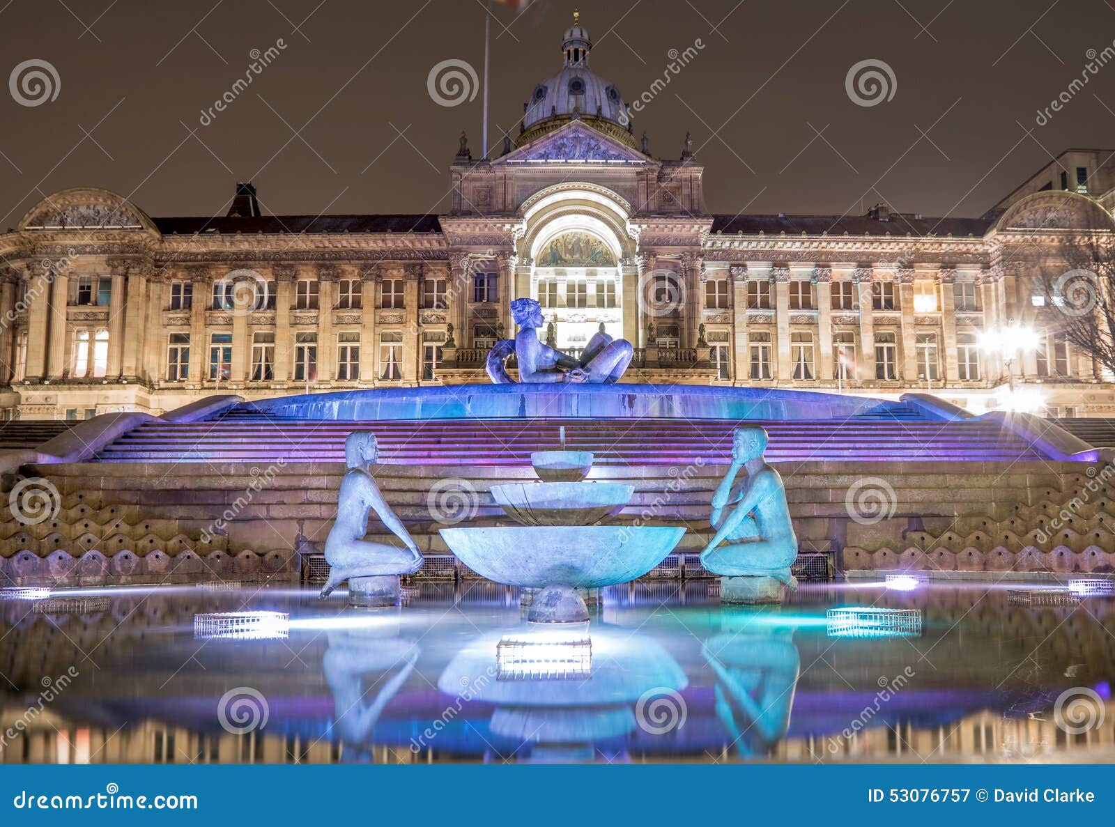 birmingham town hall and water fountain at night