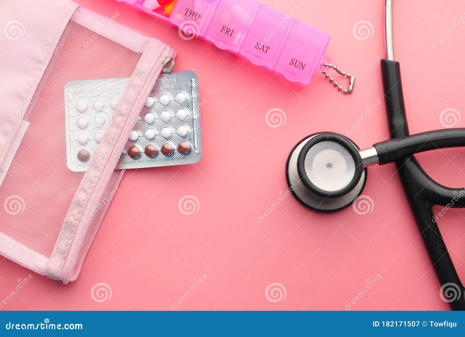 Birth Control Pills and Stethoscope on Pink Stock Image Image of