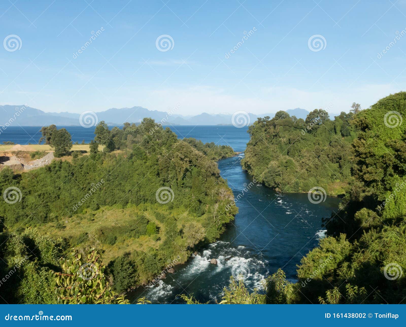 birth of the rio bueno, leaving lake ranco. in the region of los rios, in araucania or patagonia, chilean andes. south of chile