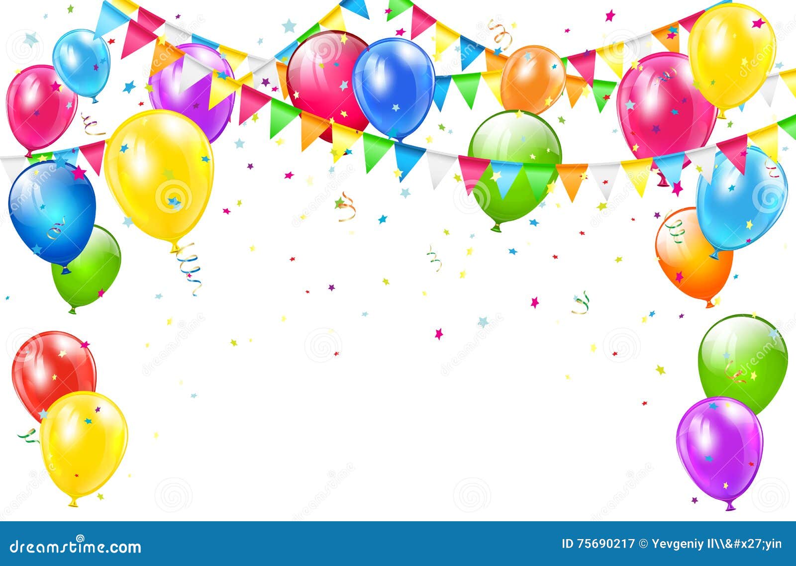 birthday background with balloons and pennants on white