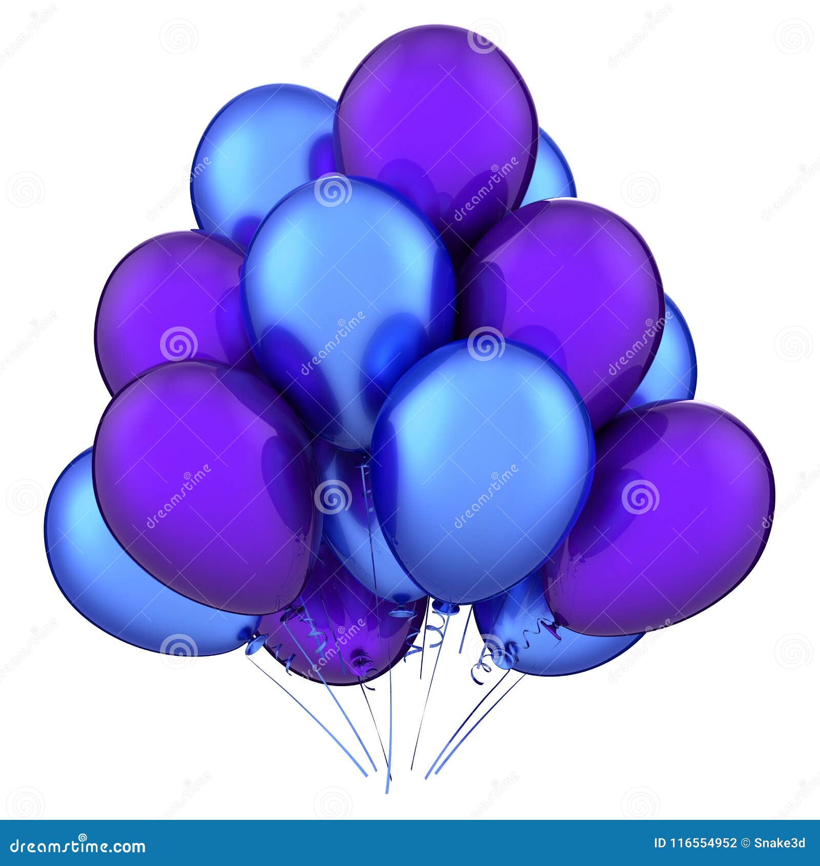 Purple balloon bunch, birthday party decoration blue, glossy helium balloons  violet translucent. Holiday anniversary celebrate invitation greeting card  design element. 3d illustration Stock Illustration