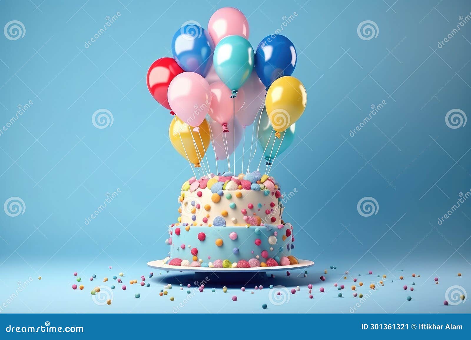 Birthday Cake with Balloons and Confetti on Blue Background. 3D Render