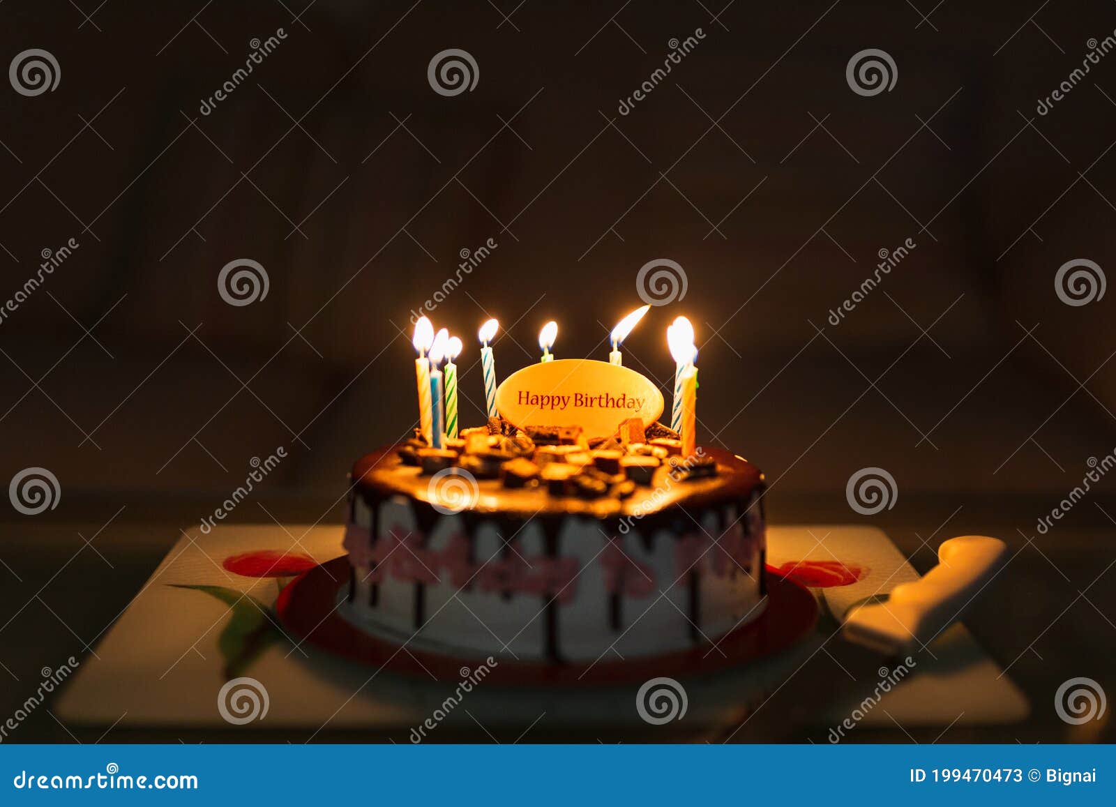 Birthday Cake on Black Background with Colorful Candles Lit. Stock Image Image of happy