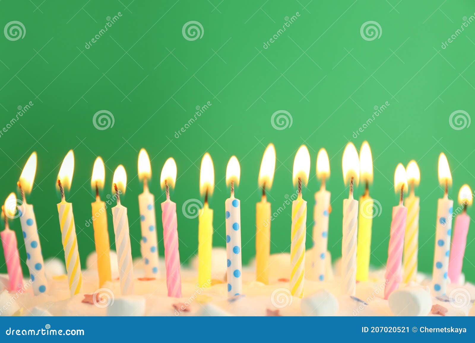 Birthday Cake with Burning Candles on Green Background, Closeup Stock Image Image of celebrate