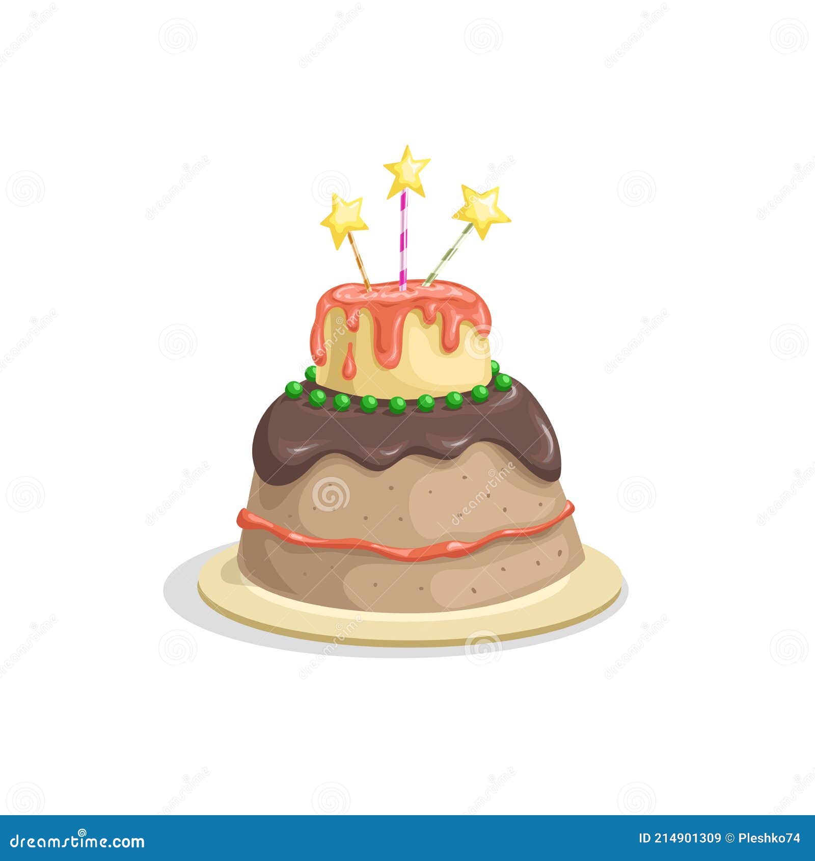 Birthday Cake with Candle, Chocolate Cream and Cherry Decorations. Cartoon  Style Vector Drawing Stock Vector - Illustration of flat, candle: 214901309