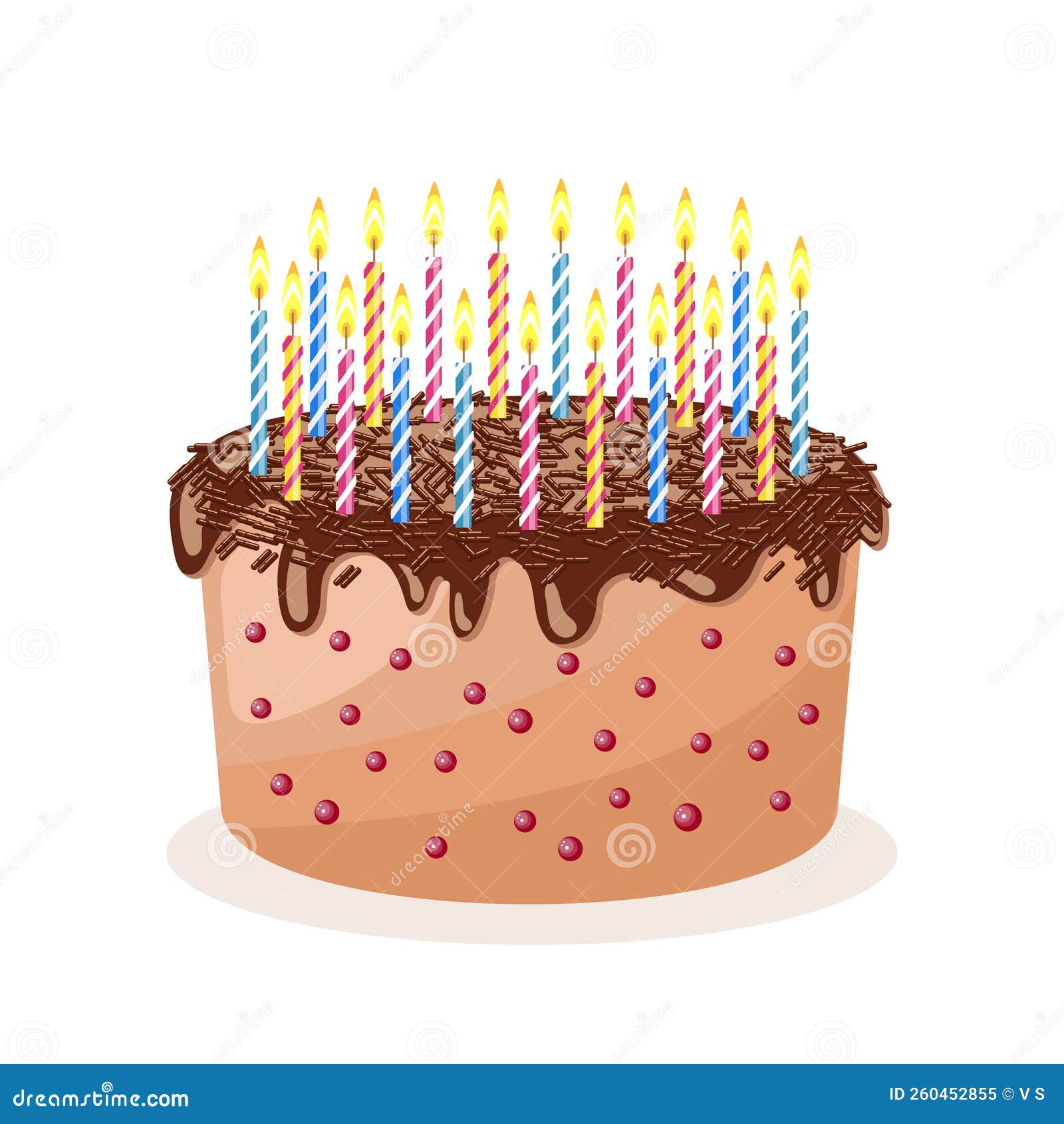 Birthday Cake with Candles, Cake with Cream and Chocolate Chips. Happy