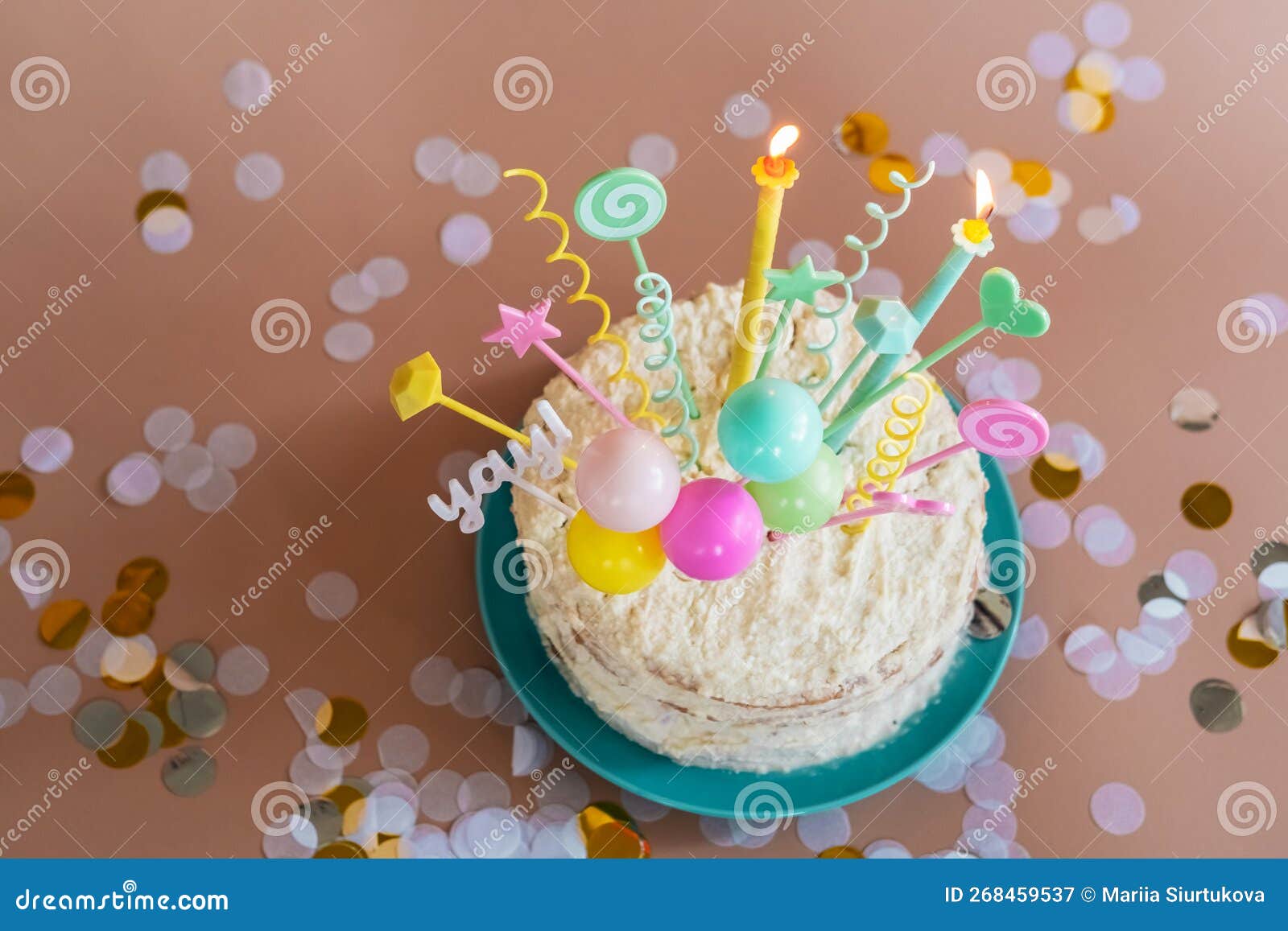 Birthday Cake with Candles and Decor. Party Smash Cake Stock Image