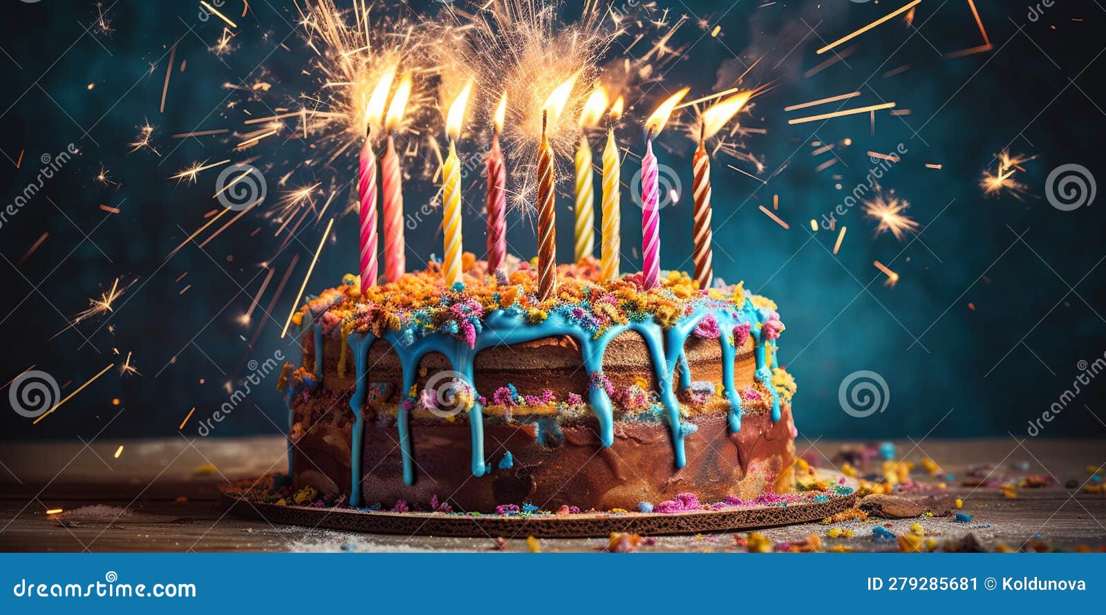 Birthday Cake with Candles and Fireworks, Concept of Celebration